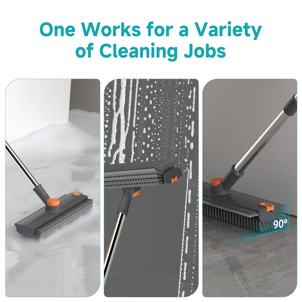 Floor Scrub Brush with Long Handle Length Adjustable, 3 in 1 Heavy-Duty Stiff 90° Bristle Floor Scrubber Broom with Squeegee, Cleaning Brush for Bathroom, Garage, Kitchen, Tile, Deck & Patio (Gray)