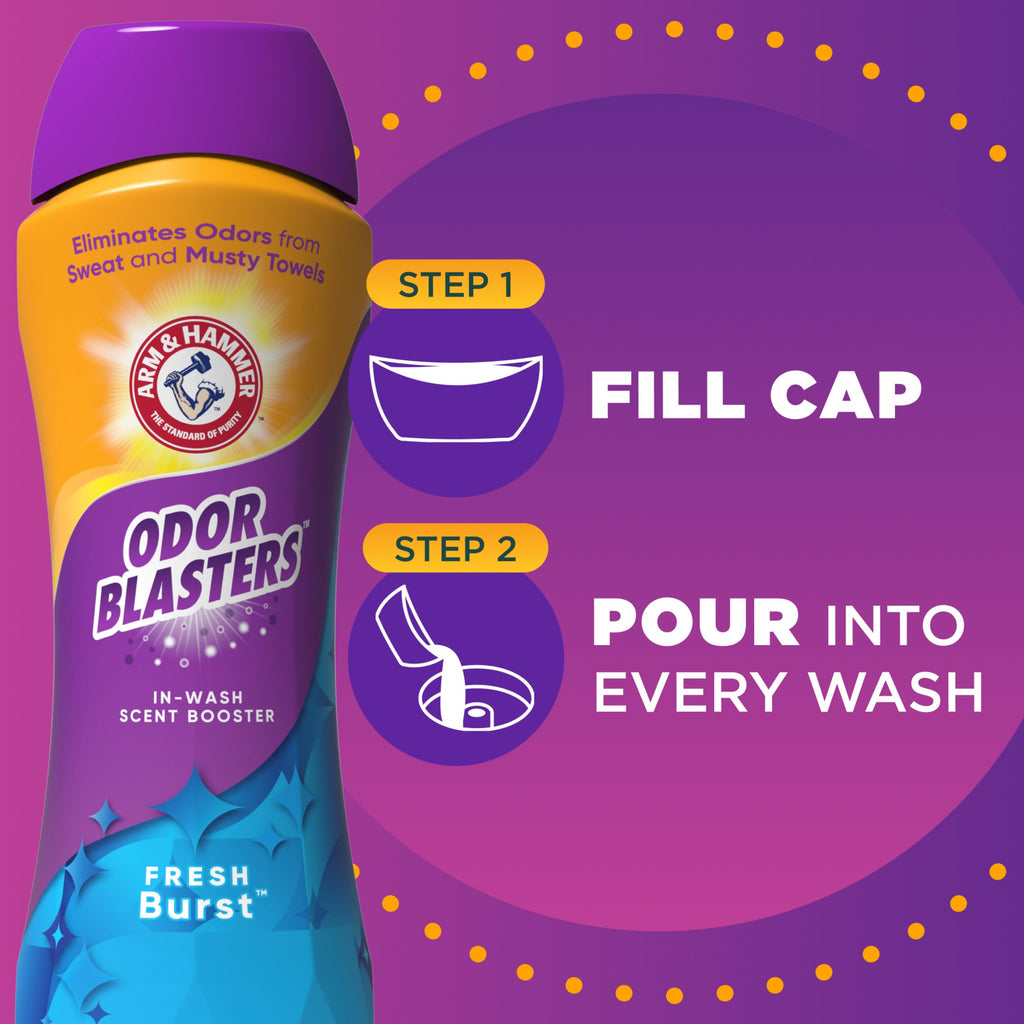 ARM & HAMMER Odor Blasters In-Wash Laundry Scent Booster, Eliminates Tough Odors, Fresh Burst Scent, 24 oz Bottle (Pack of 4)
