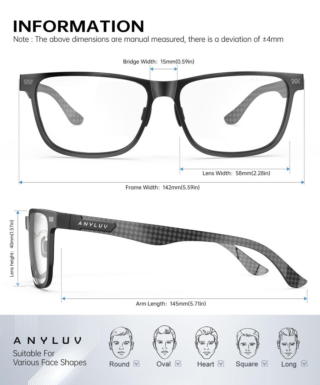 ANYLUV Blue Light Glasses Men/Women, Working Blue Light Blocking Glasses, Relieve Eyestrain-Carbon fiber Black
