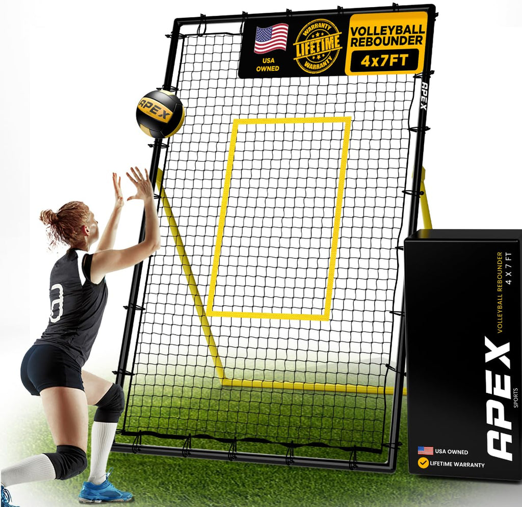 Apex Sports Adjustable Volleyball Rebounder Net 7x4 ft ��� Bounce Back Training Equipment with Angle Customization for Practicing Volleying, Bumping, Spiking ��� Durable & Portable with Travel Bag