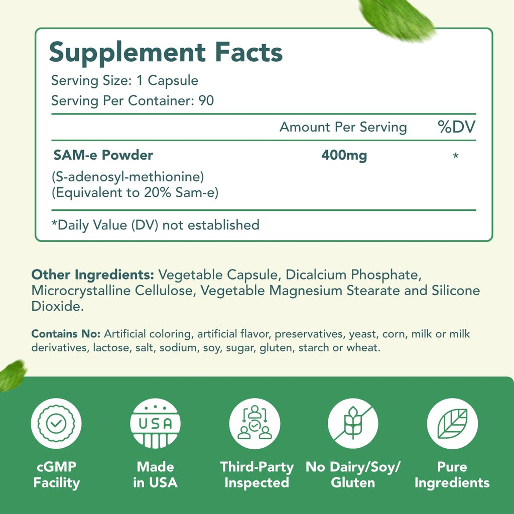 HealthyWayRx SAM-e 400mg Capsules - Easy Absorption SAM e Supplement 400mg from S-Adenosyl-Methionine for Brain Liver and Mood Support - Non-GMO Gluten Free & Made in cGMP Facility (90 Servings)