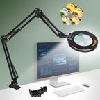 Ultra Long 3-Section Swing Arm 12X 30X Magnifying Glass with Light and Stand, 4-Way Large Strong Metal Clamp Lighted Magnifier Lamp, 5 Color Modes LED Magnifying Lamp for Workbench Crafting