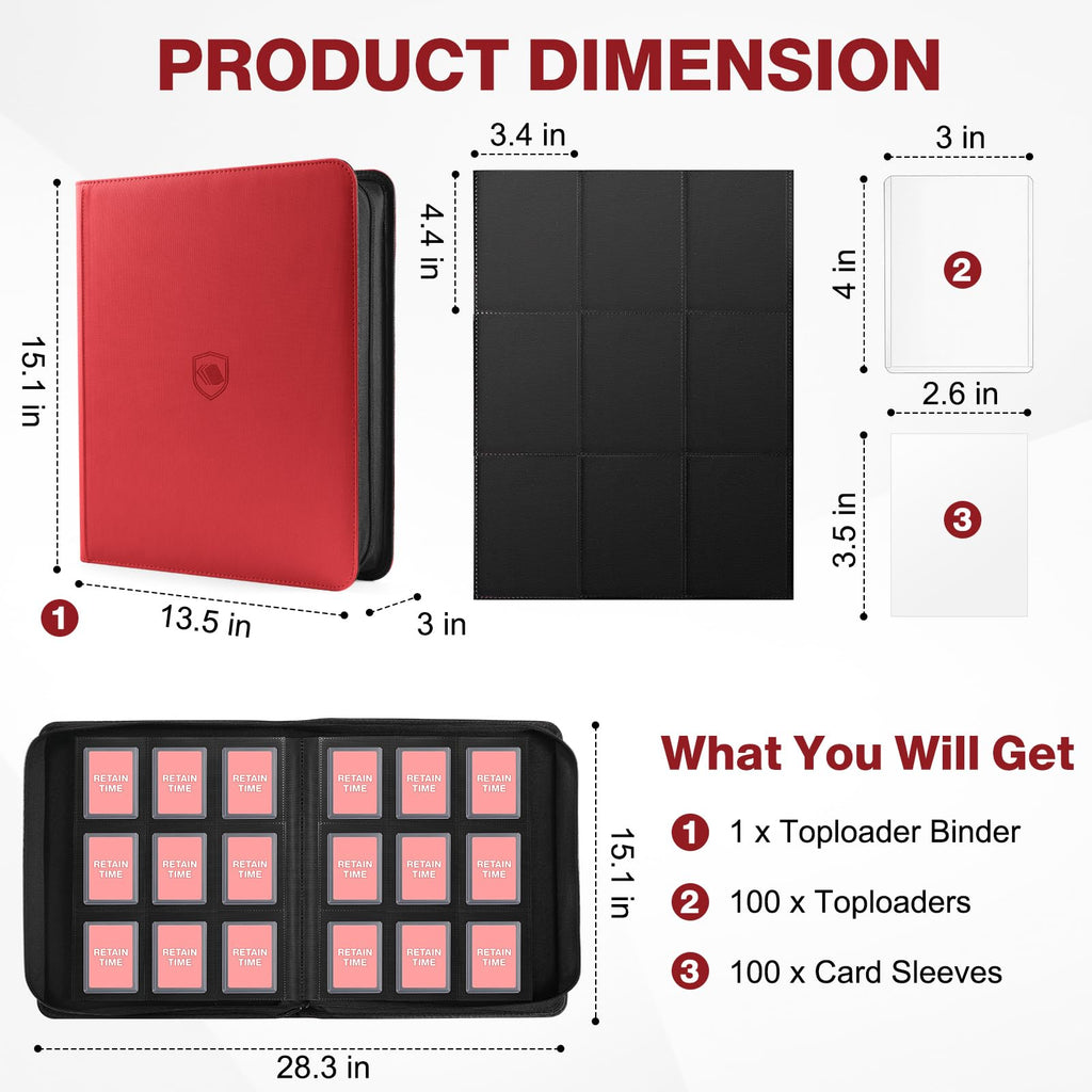 Toploader Binder, Holds 360 Toploaders, 100 Toploaders INCLUDED, 9-Pocket PU Cover Top Loader Binder for 3" x 4" Rigid Toploaders, Ringless Double-Sided Toploader Card Binder for TCG, Sport Cards