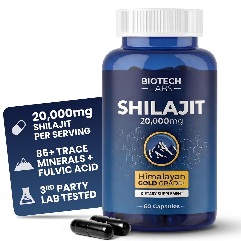 Biotech Labs Shilajit 20,000mg – Gold Grade Himalayan Extract | High Fulvic Acid, 85+ Trace Minerals | Energy, Vitality & Testosterone Support | Men’s Wellness & Performance | 60 Capsules
