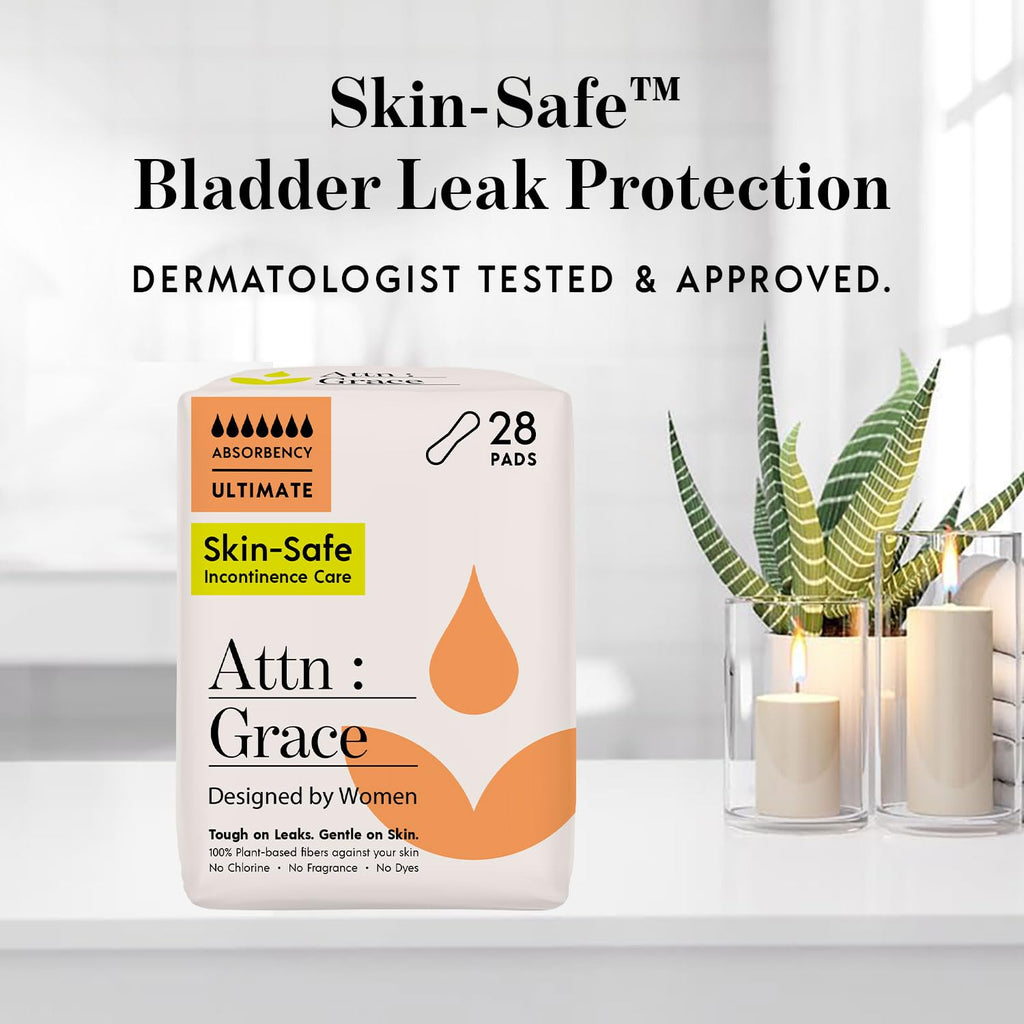 Attn: Grace Ultimate Incontinence Pads for Women, 28-Pack - Plant-Based, High Absorbency, Breathable - Overnight Pads for Heavy Bladder Leaks & Sensitive Skin