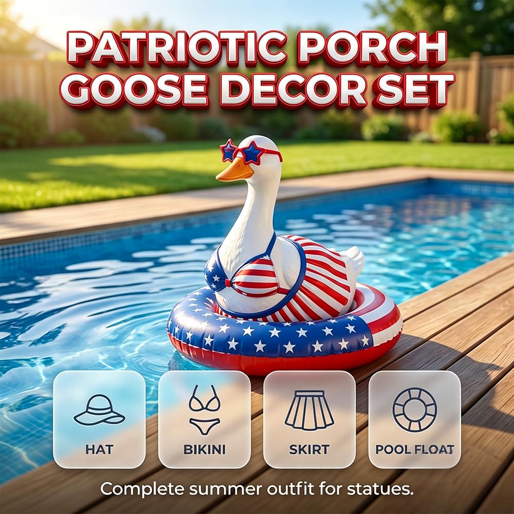 TAQIYEZ Hawaiian Porch Goose Outfit with Sunglasses & Wreath, 4th of July Patriotic Goose Bikini Outfits for Lawn Patio Outdoor Decor