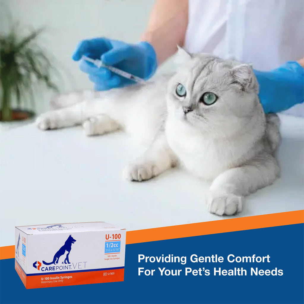 Carepoint Vet U-100 Pet Insulin Syringes, 31G x 5/16" 1/2cc, Comfortable Injection, Bold Permanent Markings for Accurate Dosage, Disposable, Box of 100