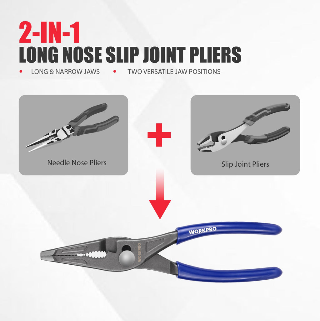 WORKPRO 8'' Long Nose Slip Joint Pliers, CR-V Needle Nose Pliers with Comfortable Grip Handles, 3-Zone Serrated Jaw from Premium Steel for Clamping, Tightening and Loosening