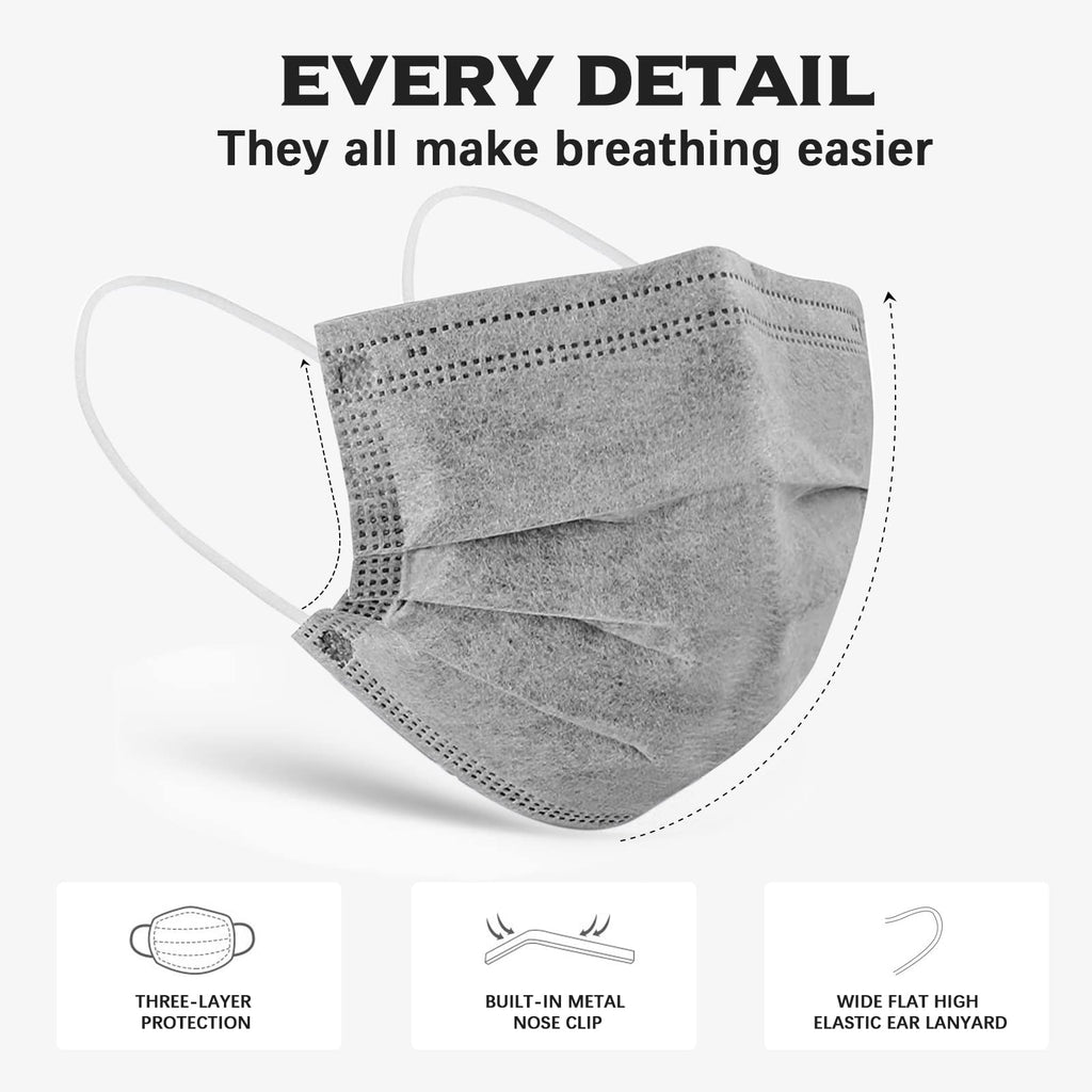 Wecolor 100 Pcs Gray Disposable 3 Ply Earloop Face Masks,Fit for Adults