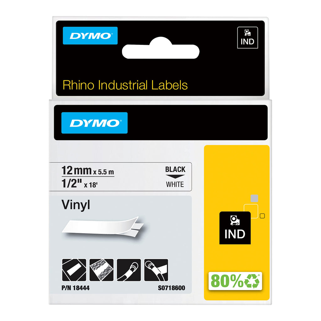 DYMO Rhino Industrial Vinyl Labels 1/2" Black Print on White Tape