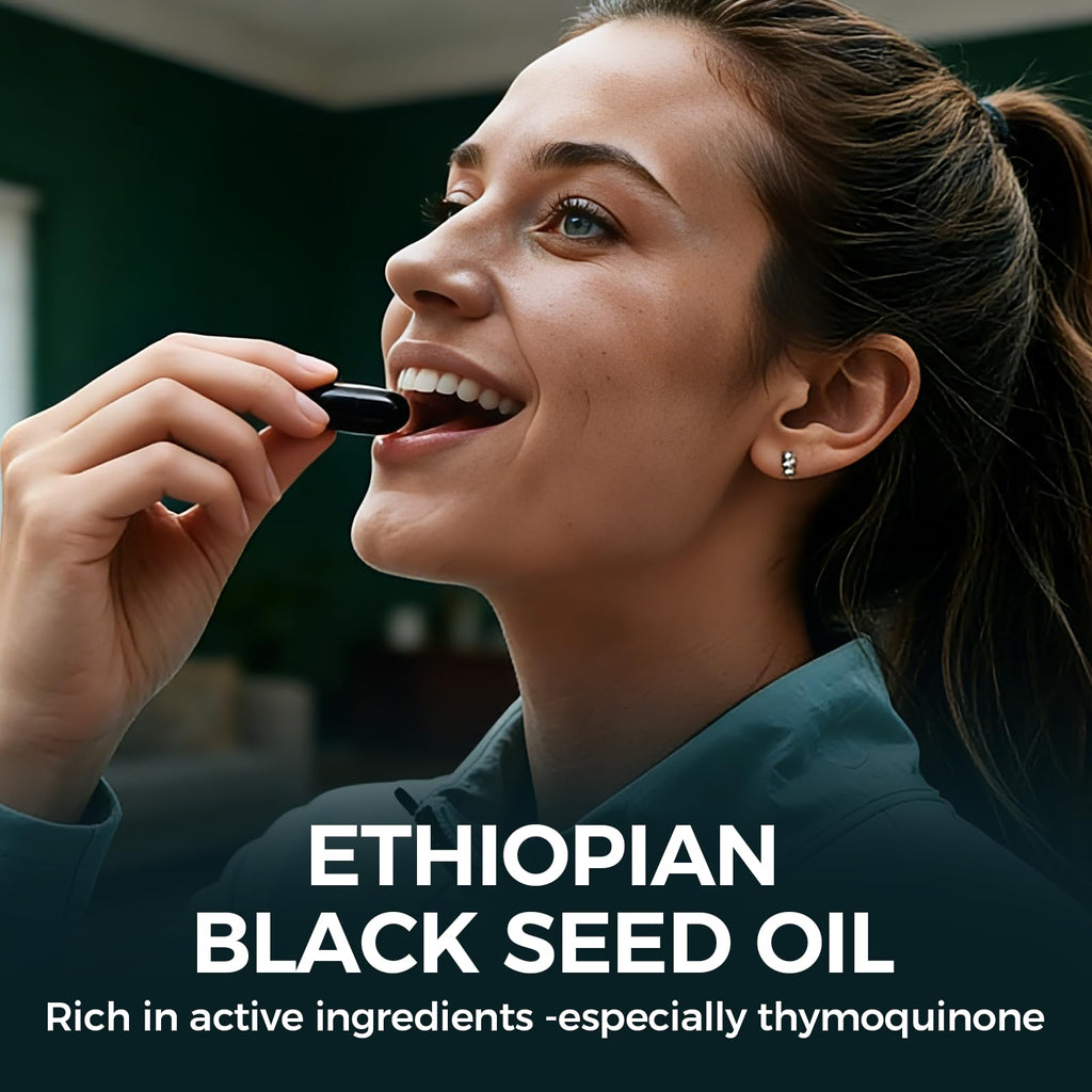 TUVAAZ PURELYNUTRIENT Ethiopian Black Seed Oil Capsules with 4.64% Thymoquinone, Immune Support & Digestion & Energy Booster, Non-GMO, Gluten-Free, 60 Count