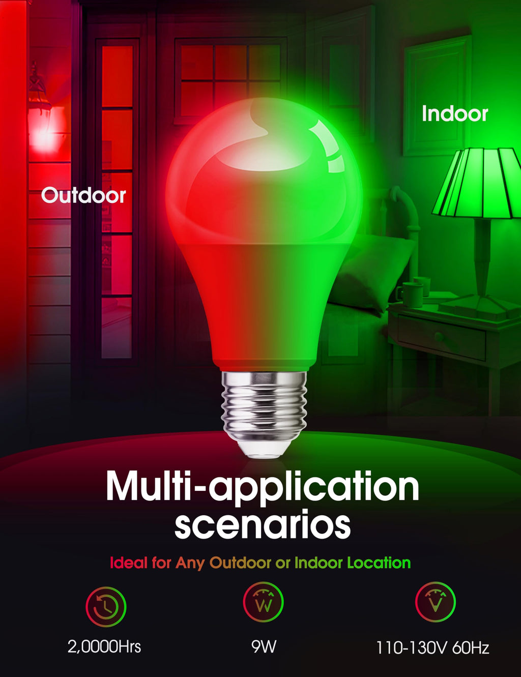 L LOHAS LED Red and Green Light Bulbs Outdoor 4 Pack, Red and Green Light Bulbs for Christmas Decoration, A19 9W, 720LM, E26 Base, Non-Dim