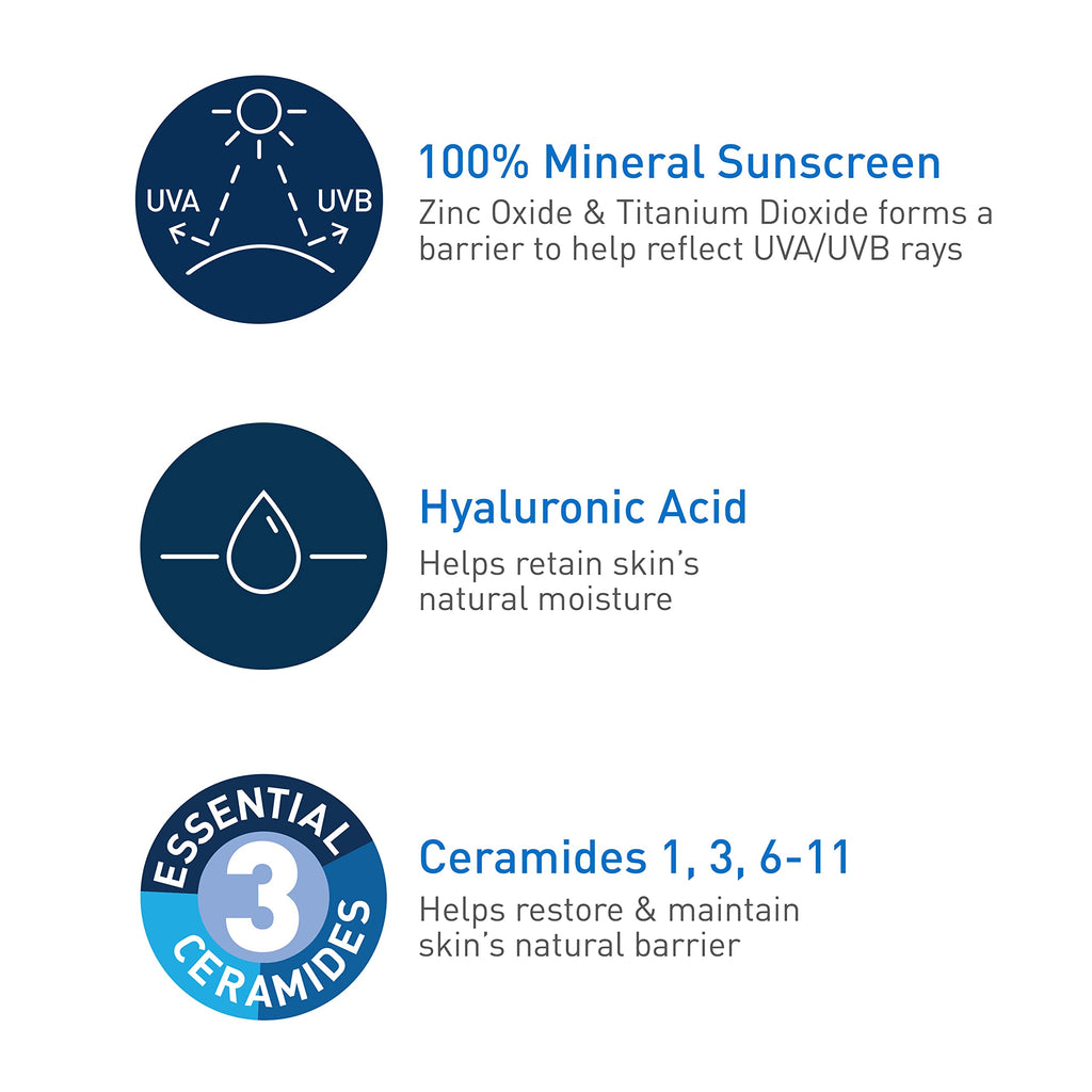 CeraVe 100% Mineral Sunscreen SPF 30 with Zinc Oxide & Titanium Dioxide, Hyaluronic Acid & Ceramides, Oil Free, Non-Greasy, Hydrating Mineral Sunscreen For Body, 5 oz