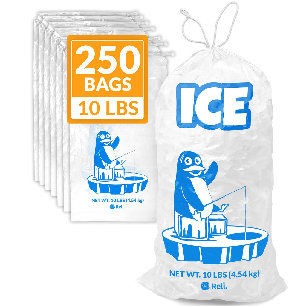 Reli. Plastic Ice Bags 10 lb (250 Pack Bulk) Cotton Drawstring | 12"x21" Ice Bags Reusable, Heavy Duty | Clear, Freezer Safe Storage | 1.5 Mil
