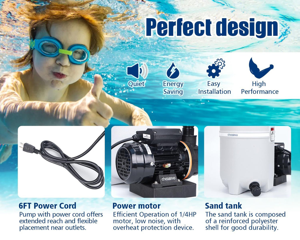 CHOOSMO 10 Inch Sand Filter Pump for Above Ground Pools, 2220 GPH 1/4 HP Pool Filtration System, 30 lb Sand Tank, 6-Way Valve, Hose Adapters, 115V, for 3,000–6,500 Gal Pools