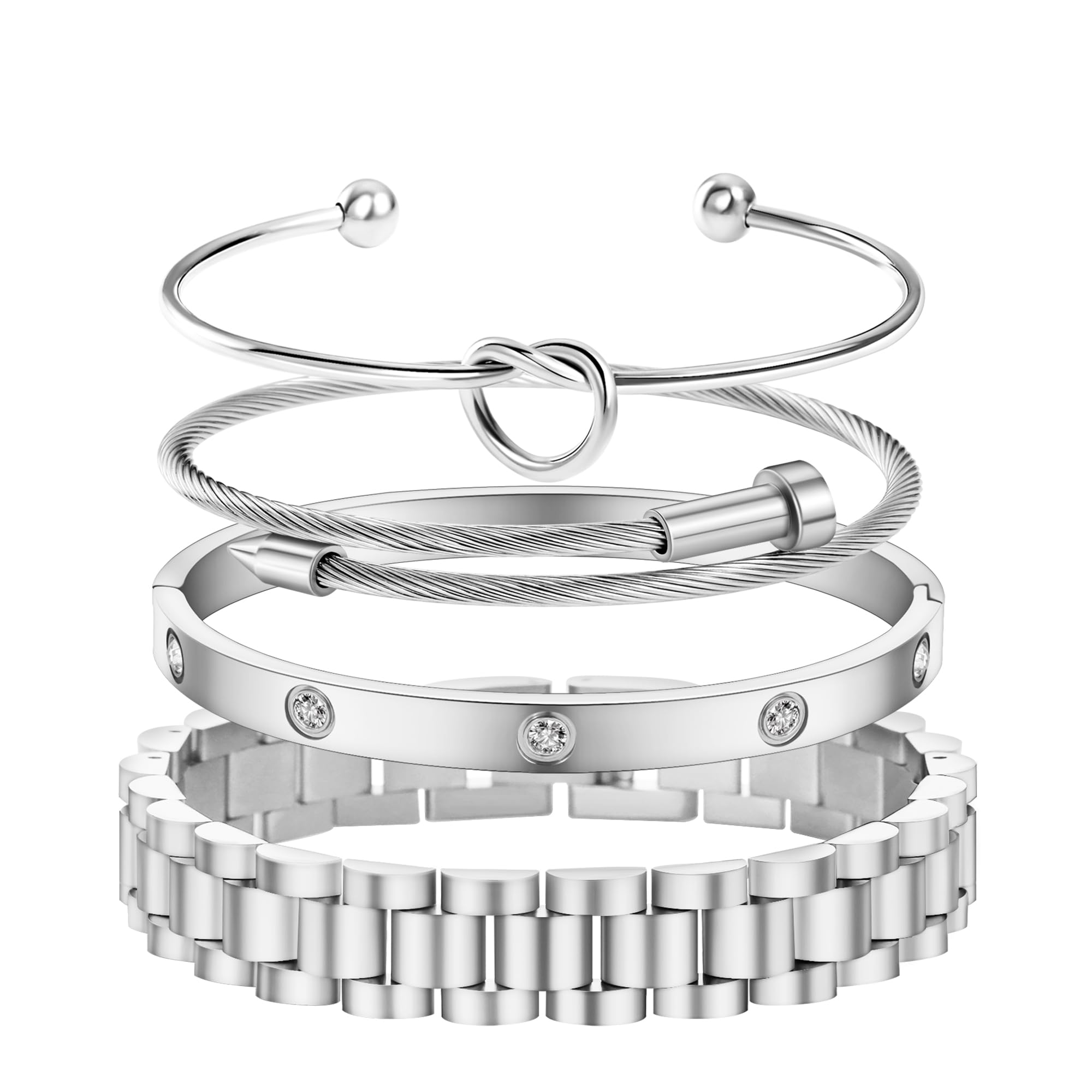 Gold Bracelets for Women Stackable Gold Bangles for Women Tennis Bracelets Bangle Cubic Zirconia 18K Gold Plated Jewelry for Gifts to Lover Girlfriend Wife Mom Sister Mother's Day Gifts Valentine Wedding Birthday (4pcs-Silver-A)