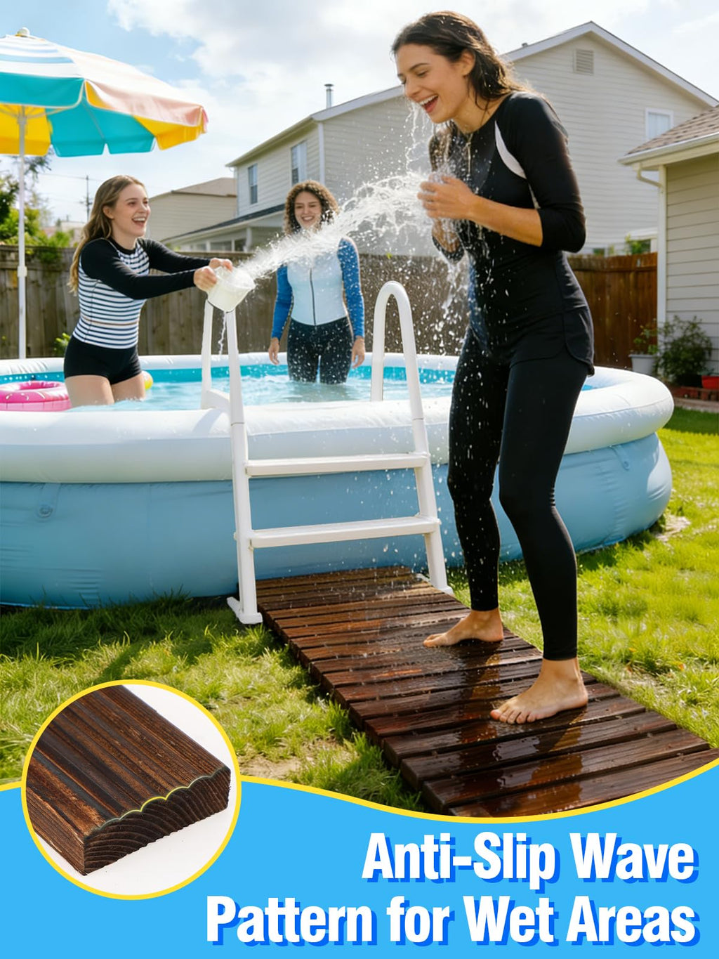 MEWTOGO 10ft Anti-Slip Wooden Pool Walkway for Above Ground Pools – Weather-Resistant Carbonized Wood Roll-Up Pathway, Helps Keep Dirt & Mud Out, Boardwalk for Pool Ladder Area (Brown)