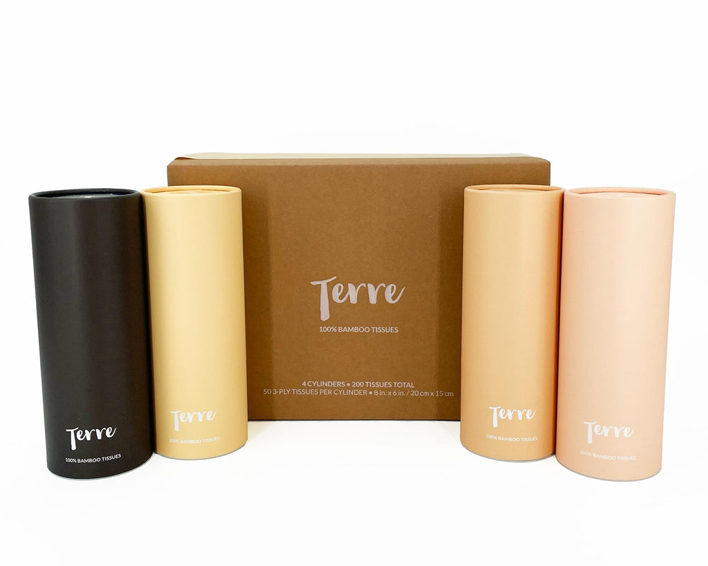 Terre Bamboo Car Cylinder Tissues, 3-Ply, Unbleached, Refillable, 4 Pack (200 Sheets Total), FSC-Certified, Car Tissue Holder with Facial Tissues, Tree-Free, Eco-Friendly, Strong & Sustainable