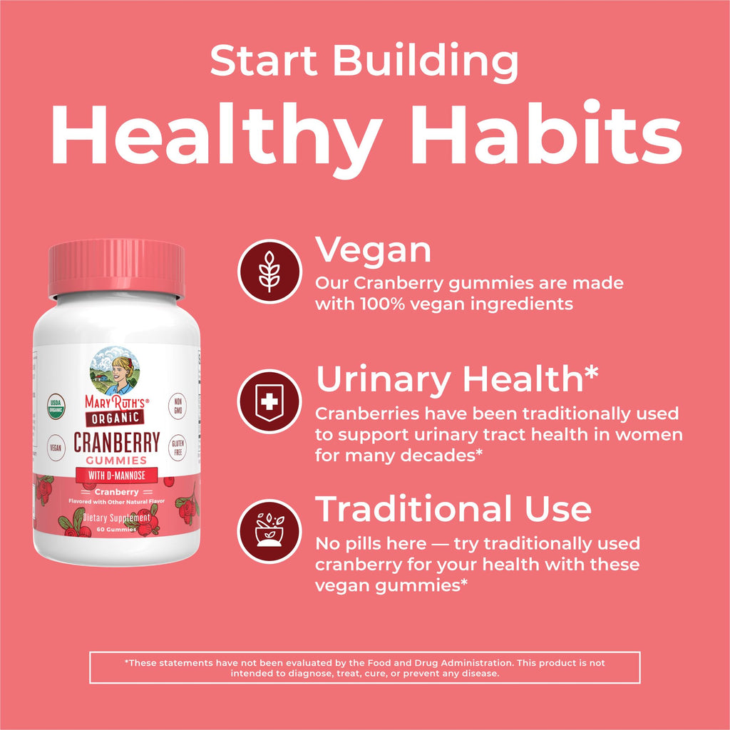 MaryRuth Organics Organic Cranberry Gummies - 500mg Supplement | Urinary Tract Health for Women | with D Mannose | Traditional Use | USDA Organic | Vegan | Non GMO | 30 Servings