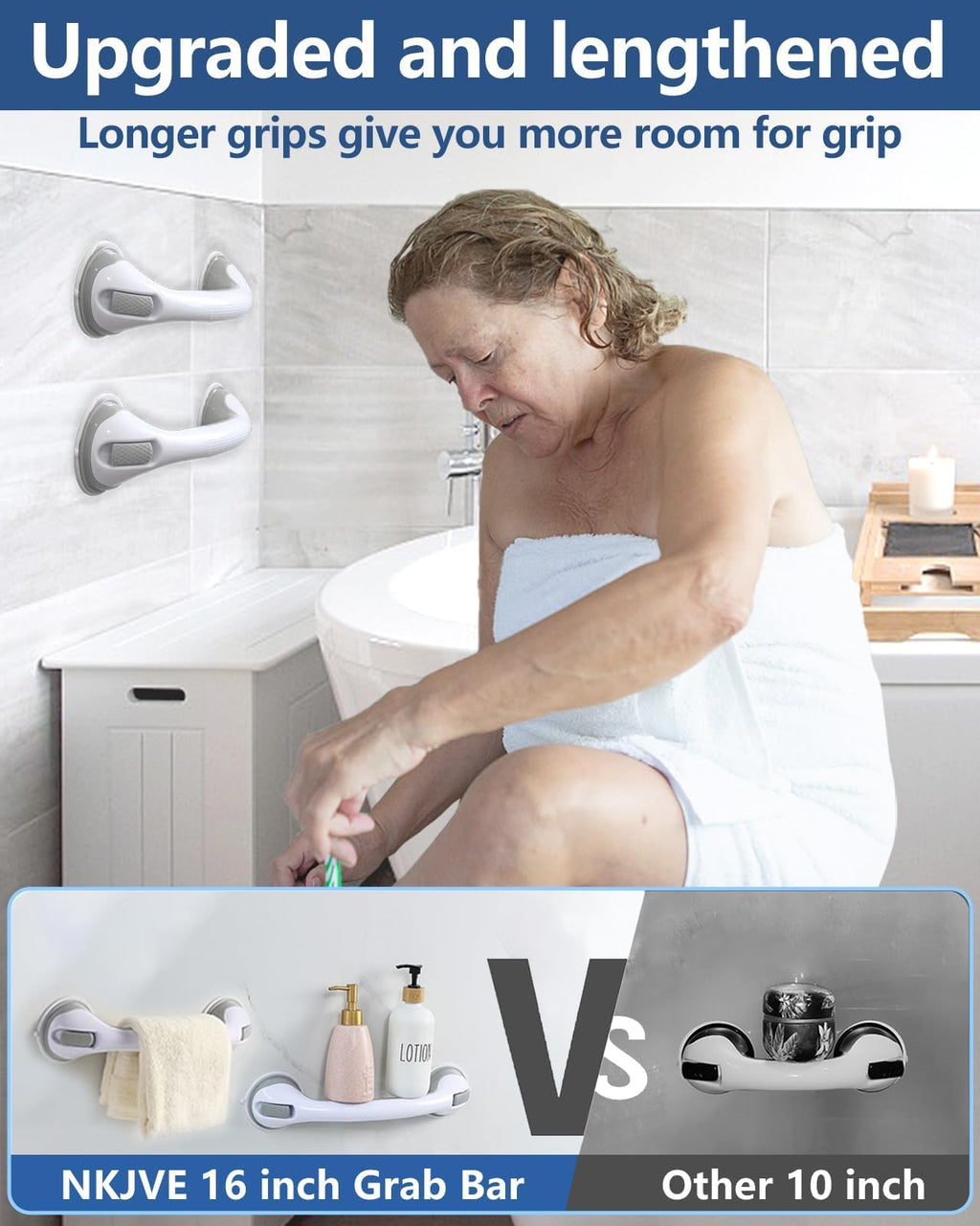 2 Pack 16.15” Grab Bars for Bathtubs and Showers, Shower Handles for Elderly Suction Cup Grab Bars for Shower Wall Heavy Duty, Safety Grab Bar for Seniors Suction Bathroom, No Drilling