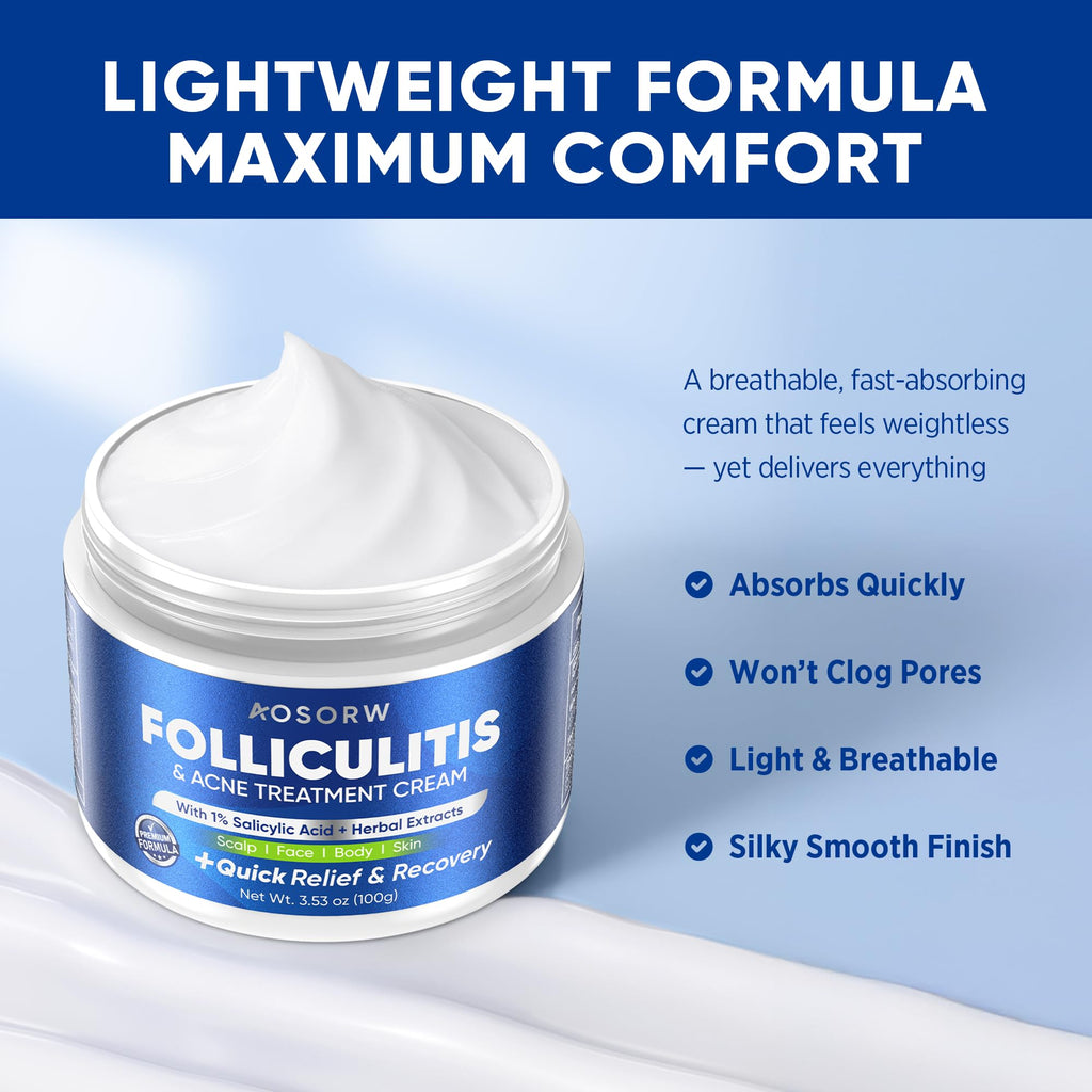 AOSORW Folliculitis & Acne Treatment Cream – Salicylic Acid & Herbal Extracts for Scalp, Face, Body & Back – Soothes Irritated Skin, Redness & Itch Relief – 100g (Pack of 1)