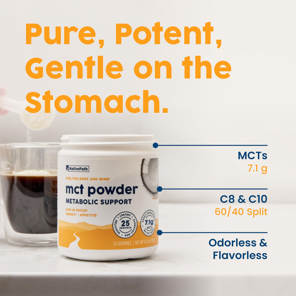 NativePath MCT Oil Powder Supplement - Unflavored MCT Powder with Keto-Friendly C8 MCTs. Free of Dairy, Gluten and GMOs, 25 Servings