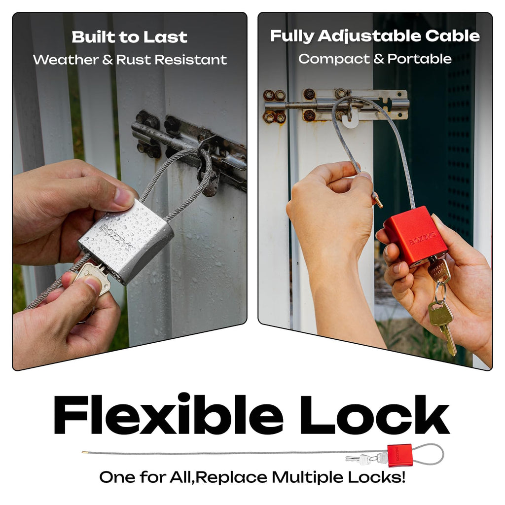 BOZZYS Cable Padlock with 3 Keys | L 1.15ft(0.35m),D 1/6in(4mm) Adjustable Steel Cable Lock | Aluminum Locks for Bikes, Gate, Lockers & Outdoor Gear | Weatherproof & Red