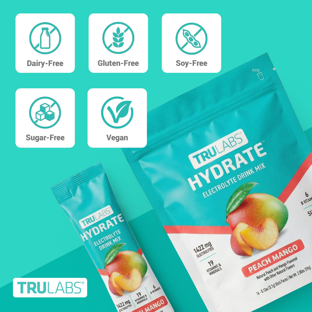 TRULABS Hydrate Electrolyte Drink Mix – Peach Mango Flavor, Sugar-Free Hydration Packets with 1422 mg Electrolytes & 19 Vitamins & Minerals, Monk Fruit Sweetened, On-the-Go Sticks (16 Count)