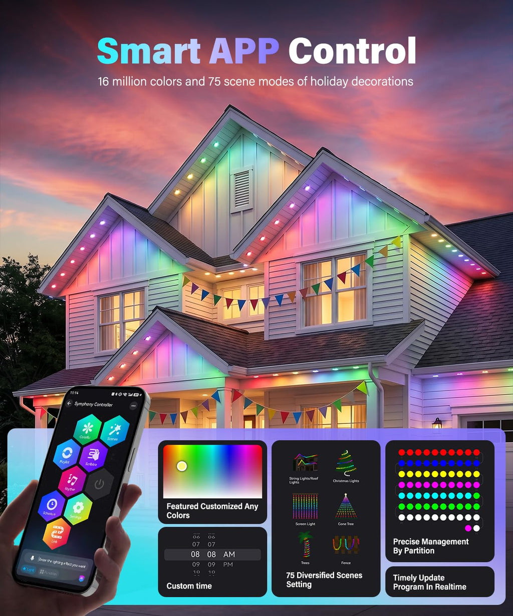 AMANEER Permanent Outdoor Lights for House, 200ft RGB Christmas LED Light