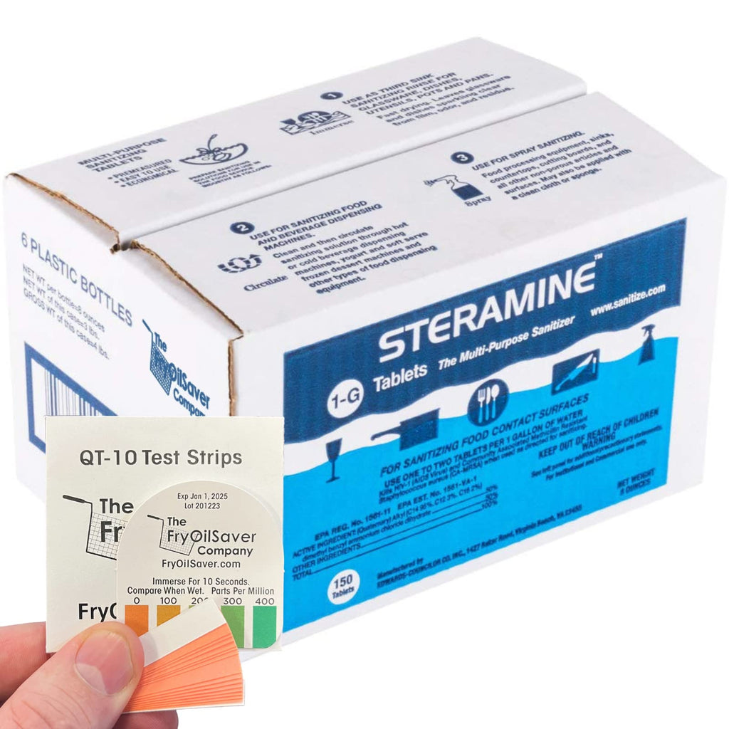 Pack of 6 (900 Tab) Steramine Sanitizing Tablets w/ 30x QT-10 Test Strips by FryOilSaver Co., Steramine Multi Purpose Contact Solution Sanitizer Tablets for Gym, Hotel, Bar, Restaurants & Food Service