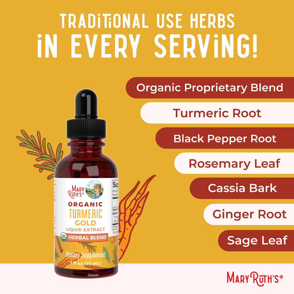 MaryRuth Organics USDA Turmeric Gold Liquid Drops | Herbal Blend | Turmeric Curcumin | Black Pepper | Cassia Cinnamon Bark | Ginger Root | Immune Support | Non-GMO Project Verified | Vegan | 1oz