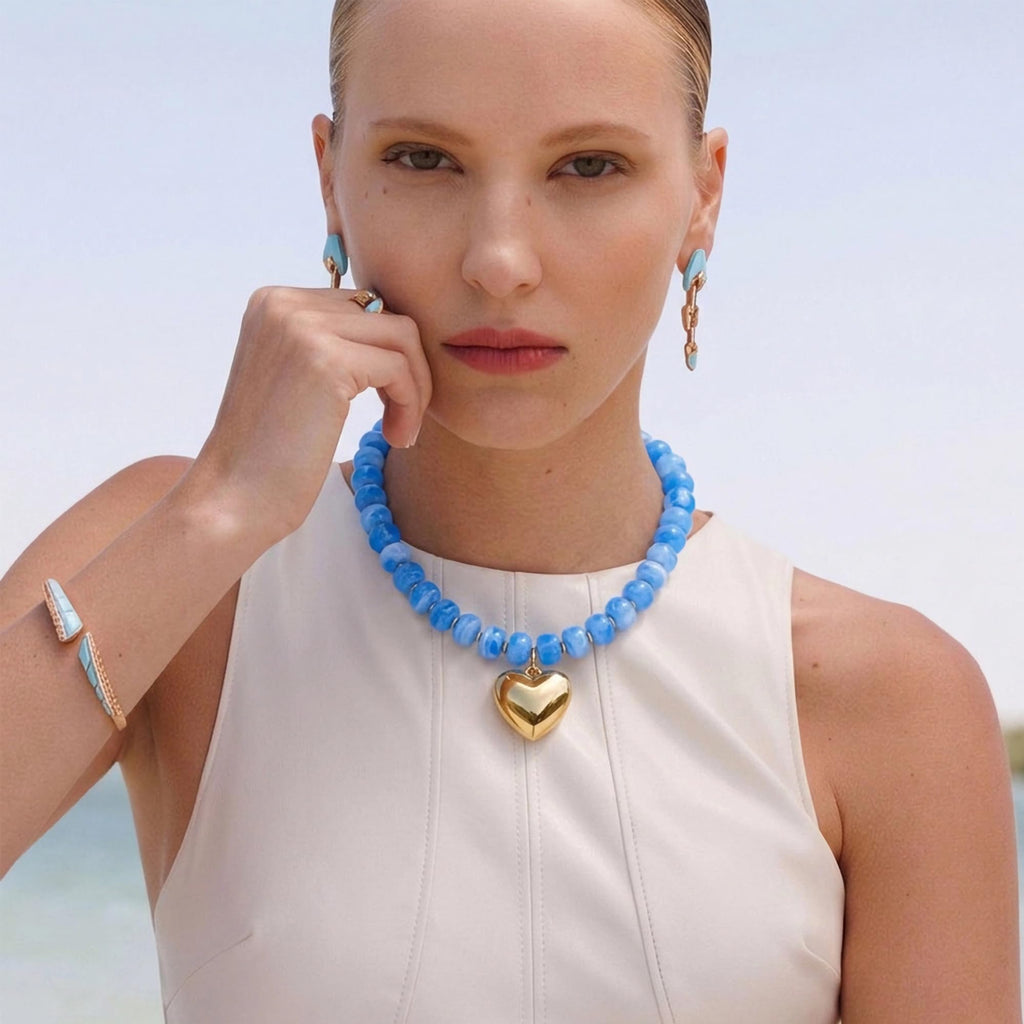WOWORAMA Chunky Heart Necklace for Women Light Blue Resin Beaded Necklaces with Puffy Heart Pendant Chunky Statement Necklace Boho Trendy Summer Jewelry