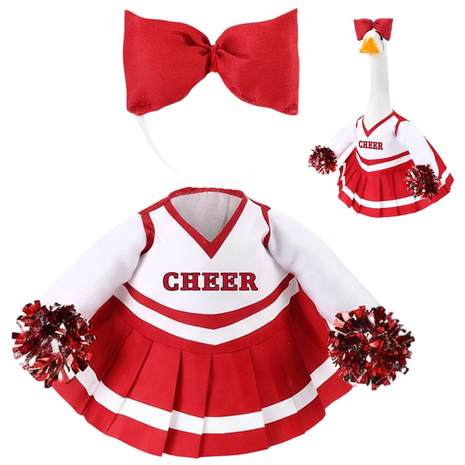 Sunnymove 2 Pcs Cheerleader Porch Goose Outfit Classroom Clothes Cheerleading Costume with Pom Poms and Bow for 23" Lawn Cement Goose Halloween Garden Yard Outdoor Classroom Decorations (Red)