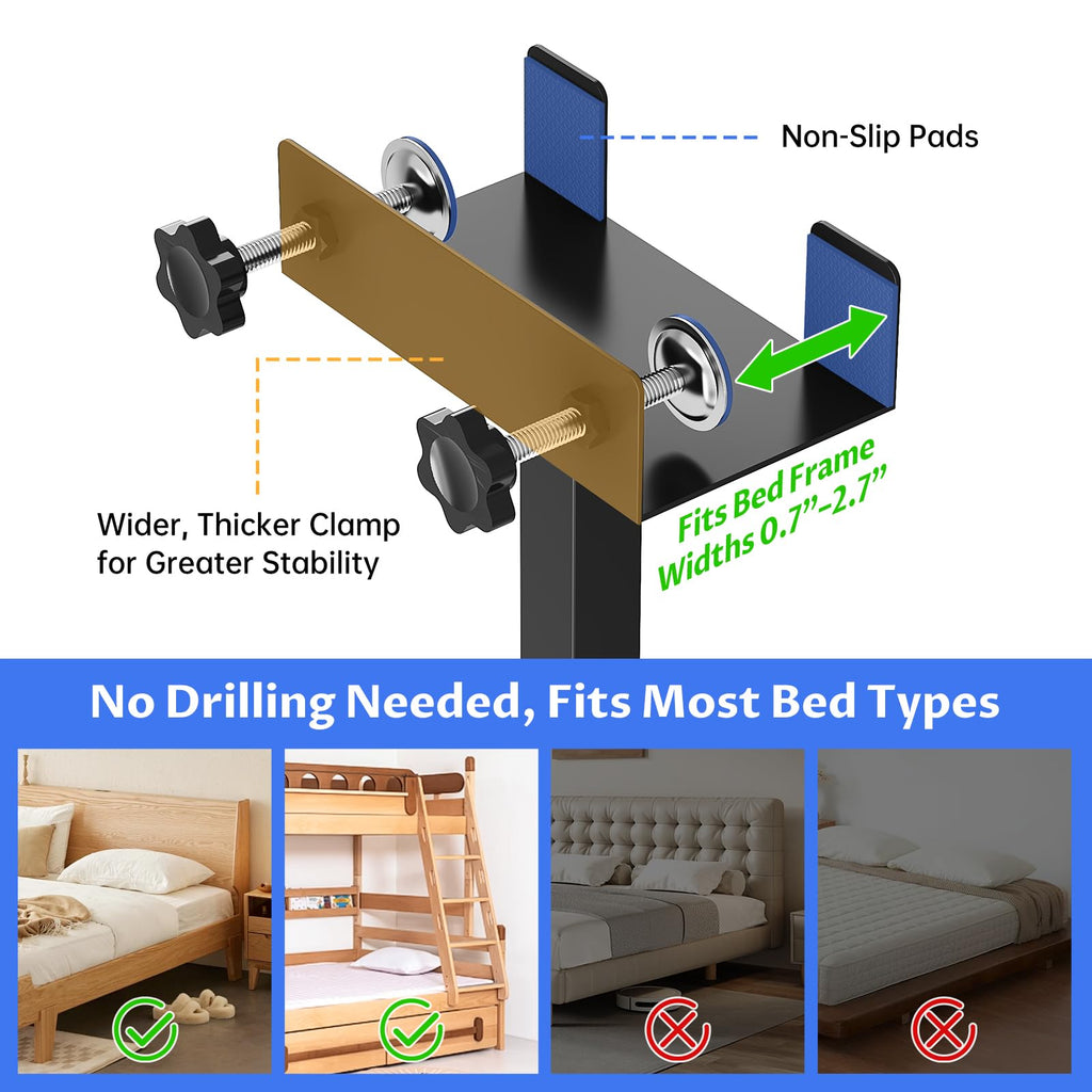 NiHome Height-Adjustable Bedside Shelf with Rotating Foldable Tray for Dorms, Apartments, Small Bedrooms, Fits Bed Frames 0.7"-2.7" Wide, Holds 15" Laptops, Phones, Snacks, Books, Alarm Clocks (Black)