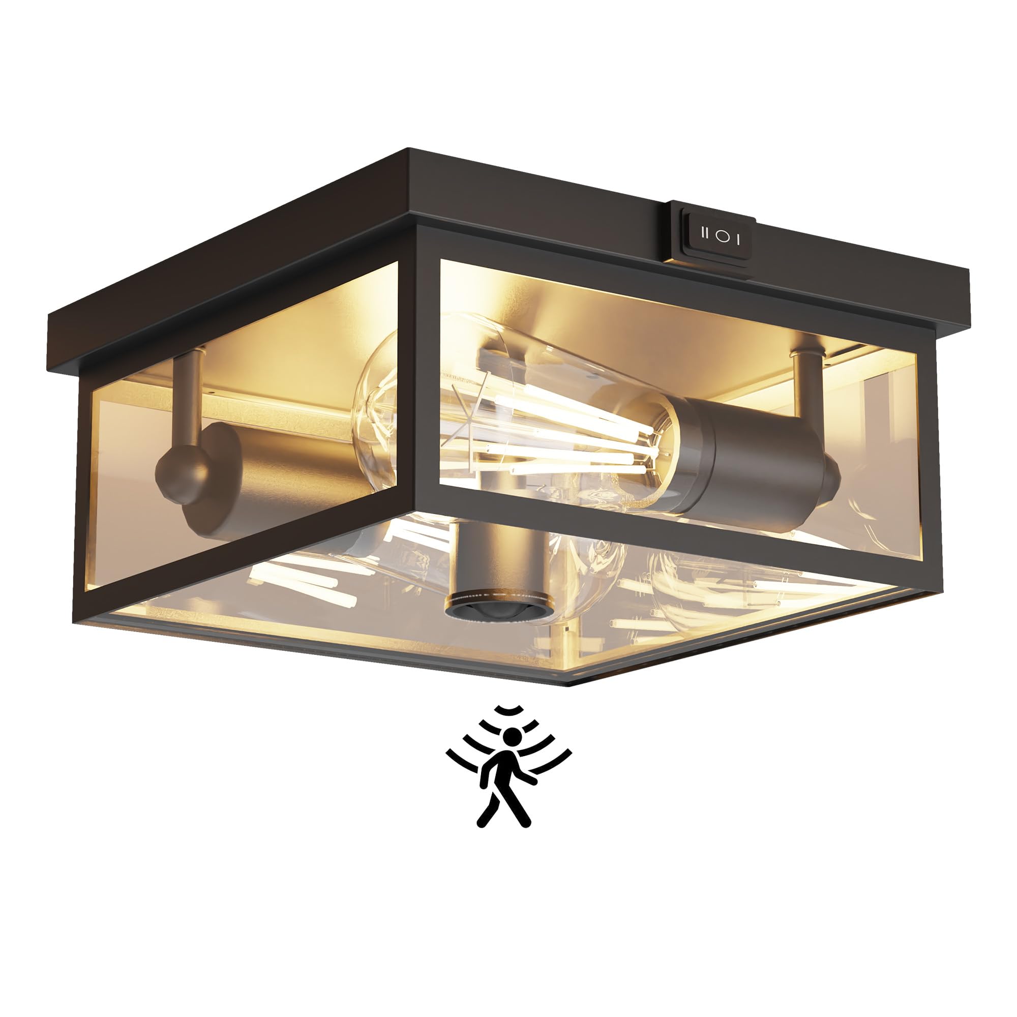Craftersmark Outdoor Ceiling Light with Motion Sensor, Flush Mount Porch Light, Exterior Light Fixture with Clear Glass, Dusk to Dawn 2-Light Fixture for Patio,Porch (10.5 in)