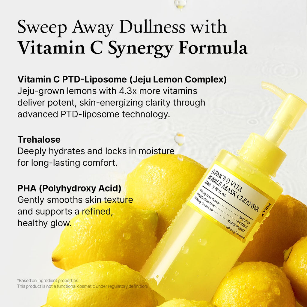 FULLY Lemon Vita Bubble Mask Cleanser, Self-Bubbling Gel-to-Foam Face Wash, Vitamin C + Jeju Lemon Water for Brightening, Radient Smooth Skin, Hydration, Vegan Korean Skincare, 5.07 fl.oz