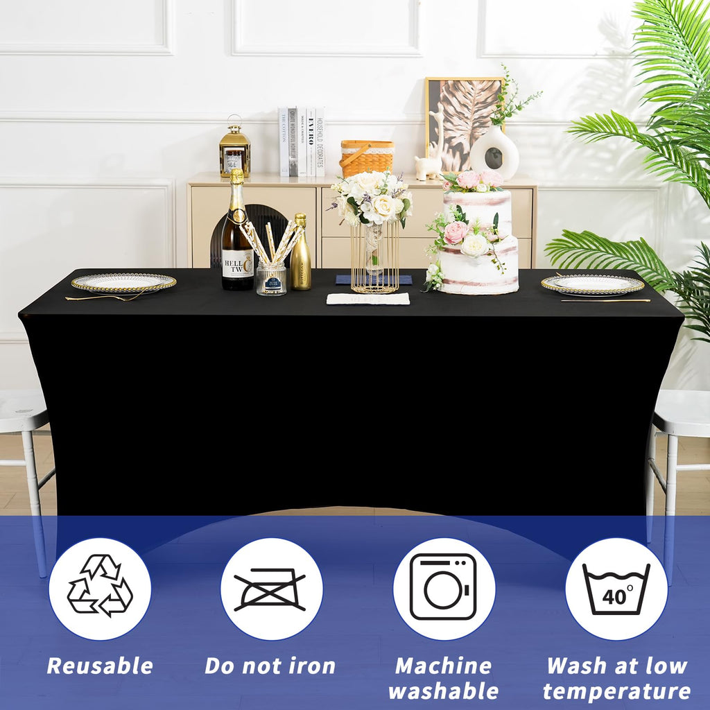 Fixwal 3 Pack 6FT Black Tablecloth Rectangle Spandex Fitted Table Cover