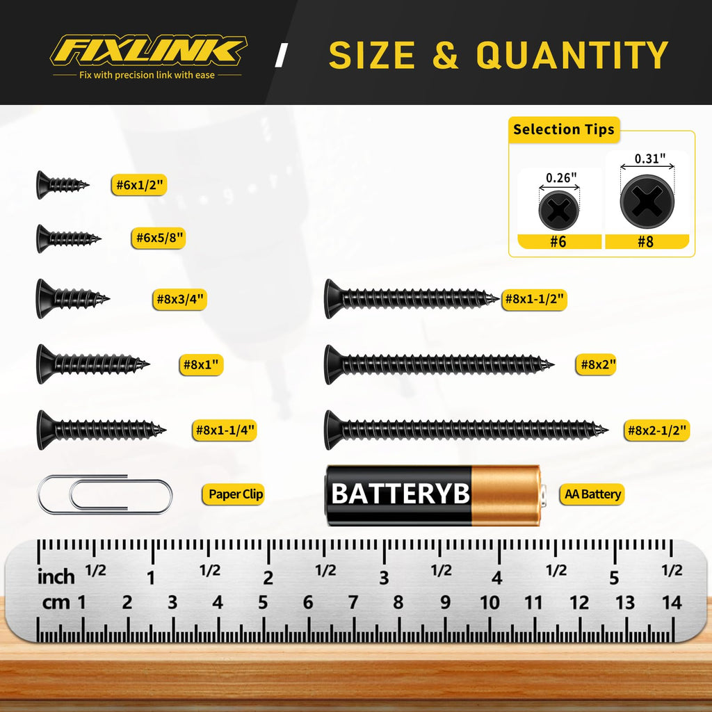 Wood Screws 2 Inch, 70 PCS FIXLINK Premium Flat Head Phillips Black Wood Screws, Self Tapping Electrophoresis Used in Indoor Furniture, Woodworking (#8 x 2)