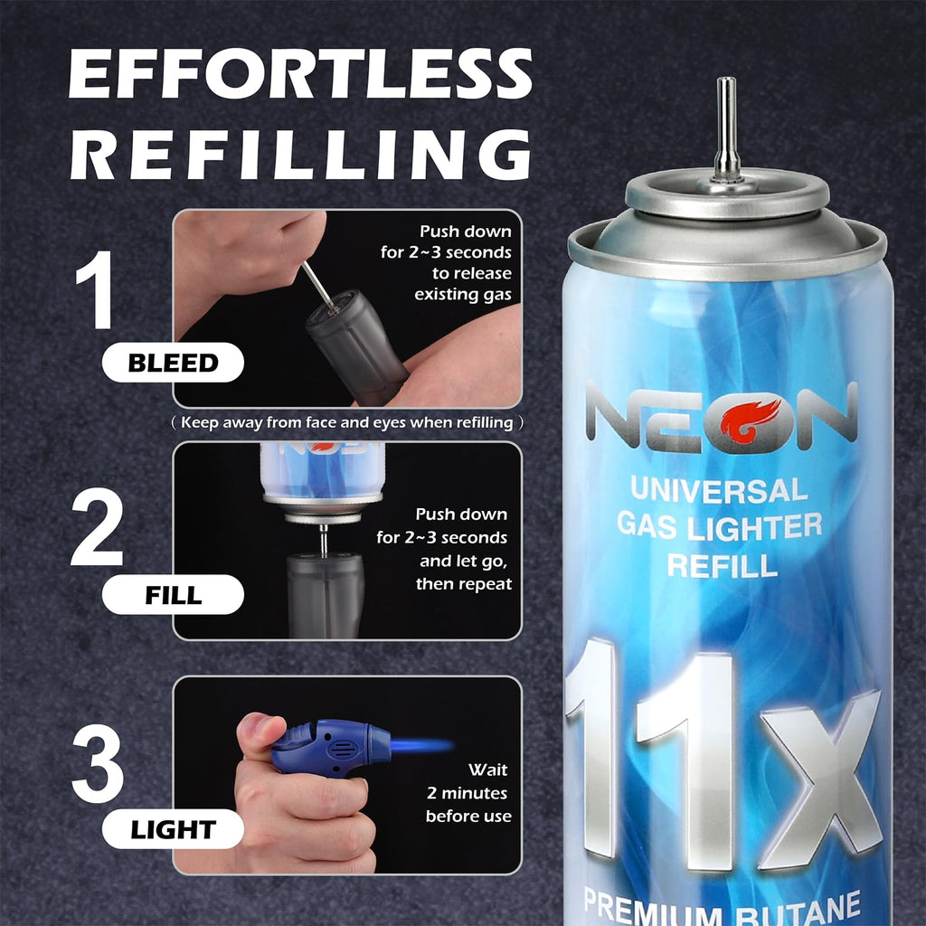 NEON Butane Refill, 11X Ultra-Refined Butane Fuel, 300ml Premium Lighter Fluid with Metal Nozzle & 5 Butane Gas Refill Adapters for Refillable Jet Flame Lighters, Torches, and Culinary Use, 4 Cans