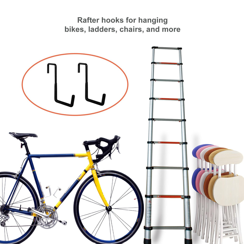 Gueryee 4 Pcs Rafter Hooks, Upgraded Fence Hangers, Heavy Duty Bike Hanger for Garage, Ladder Hook, Black Large S Hooks for Hanging Hose, Plants, Chairs, Bikes, Ladders, Cords and More