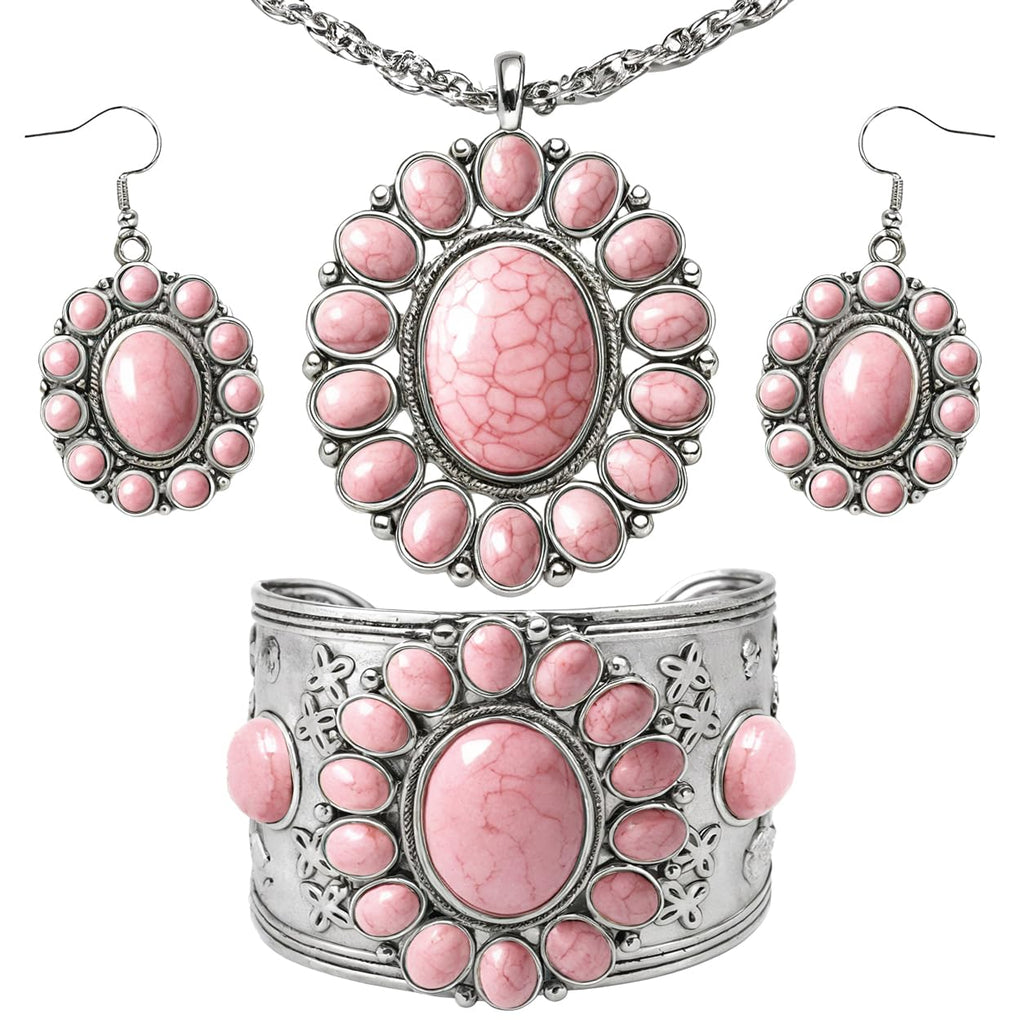 Shop LC Howlite Western Jewelry Set for Women | Turquoise Inspired Cowgirl Boho Necklace Earrings Bracelet | Chunky Statement Southwestern Jewelry - Sunset Rose