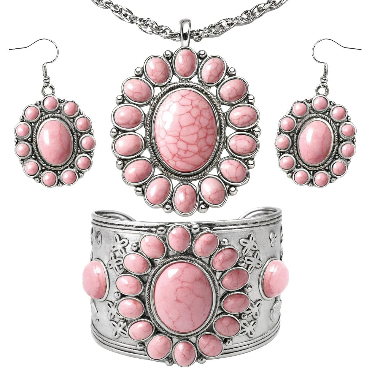 Shop LC Howlite Western Jewelry Set for Women | Turquoise Inspired Cowgirl Boho Necklace Earrings Bracelet | Chunky Statement Southwestern Jewelry - Sunset Rose