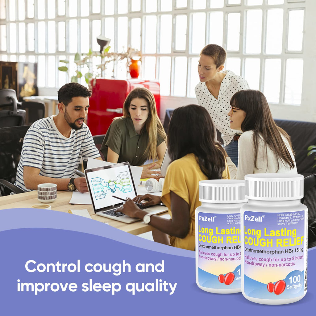 RXZELL Adult Cough Relief, Dextromethorphan HBr 15mg (200 Softgels), 8 Hour Long Lasting, Non-Drowsy, Cough/Bronchial Suppressant