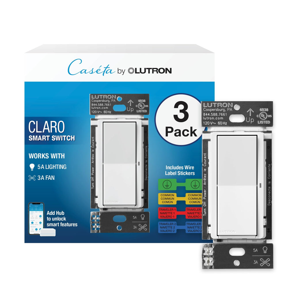 Lutron Claro Smart Light Switch for Caseta Lighting, for LED Lights, Fans, 5 Amp, Single-Pole/3-Way, Neutral Required, DVRF-5NSS-WH-3, White, 3 Pack