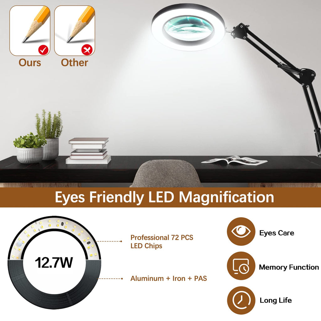 10X Magnifying Glass with Light and Clamp, Magnifier with Light Hands Free3 Color Modes Stepless Dimmable, 72 LEDs Real Glass Lens Magnifying Lamp for Close Work, Repair, Reading, Craft