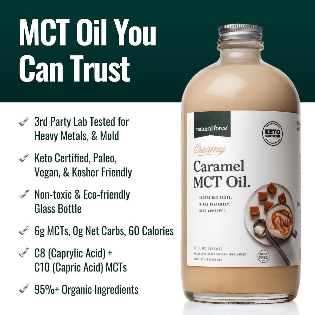 Natural Force Creamy Caramel MCT Oil – Non Dairy, Keto Certified, Emulsified MCTs for Low-Carb, Ketogenic Coffee, Smoothies, & Shakes - Mixes Instantly + No Blending Required – 16 Oz Glass Bottle