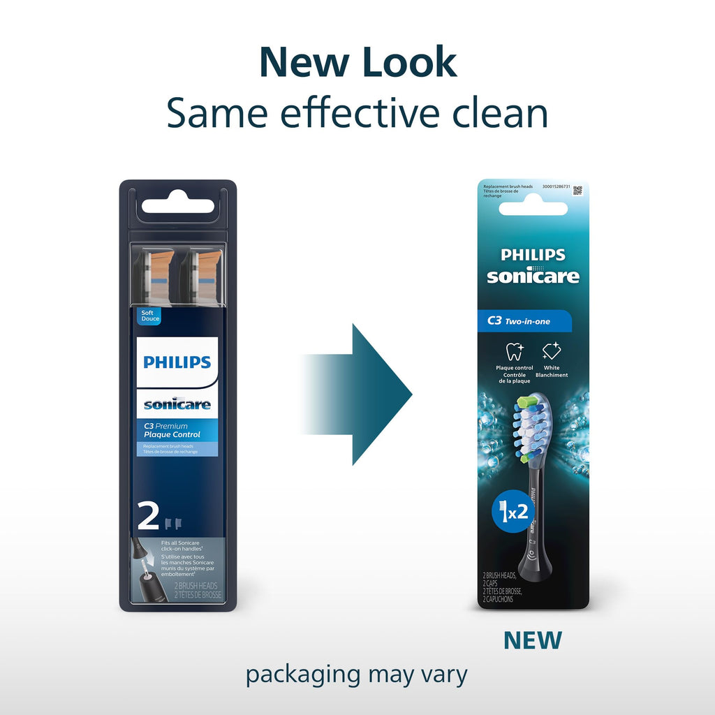 Philips Sonicare C3 Two-in-One - Genuine Replacement Electric Toothbrush Heads, Black, 2 Pack, HX9042/95
