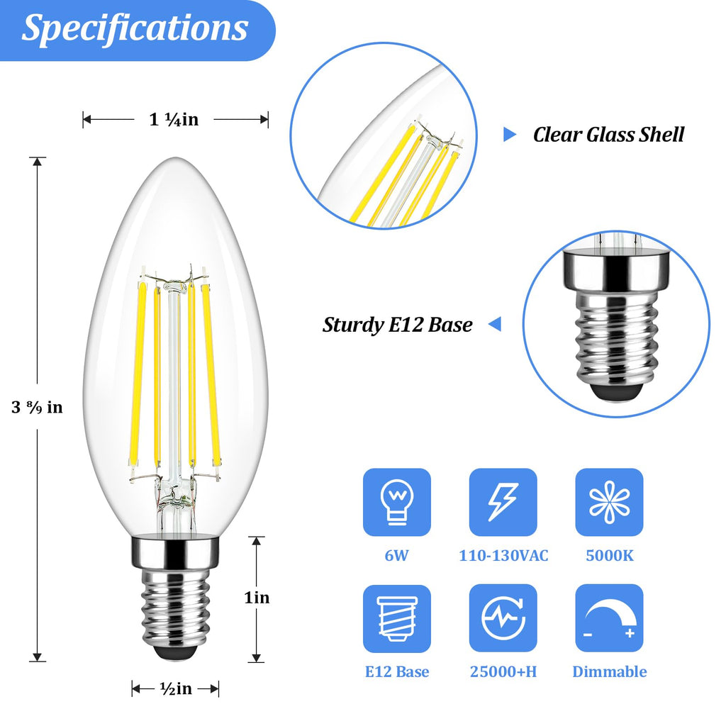 Brightever E12 Candelabra LED Light Bulbs 60 Watt Equivalent, 620 Lumen 6W C32 B11 Clear LED Filament Candle Bulbs, Dimmable Daylight White 5000K Chandelier Light Bulbs for Ceiling Fan, Pack of 5