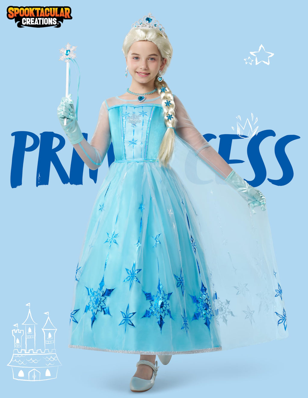 Spooktacular Creations Halloween Girls Ice Princess Dresses, Light-Up Princess Costume for Girls, Sequin Snowflake Long Cape Gown for Birthday, Halloween Dress-Up Party (Small, 5-7 yrs)