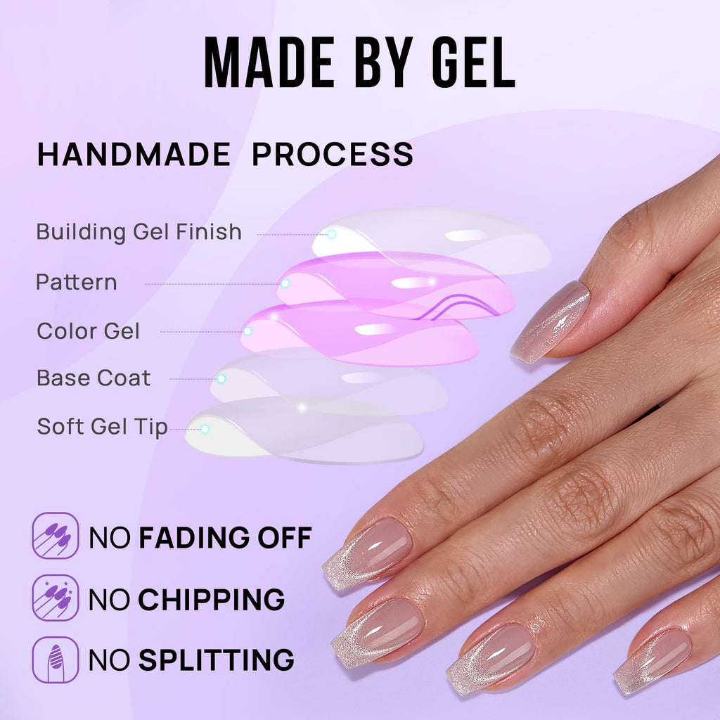 BTArtbox Press On Nails, Short Coffin French Tip Nails, 32 Pcs Full Kit